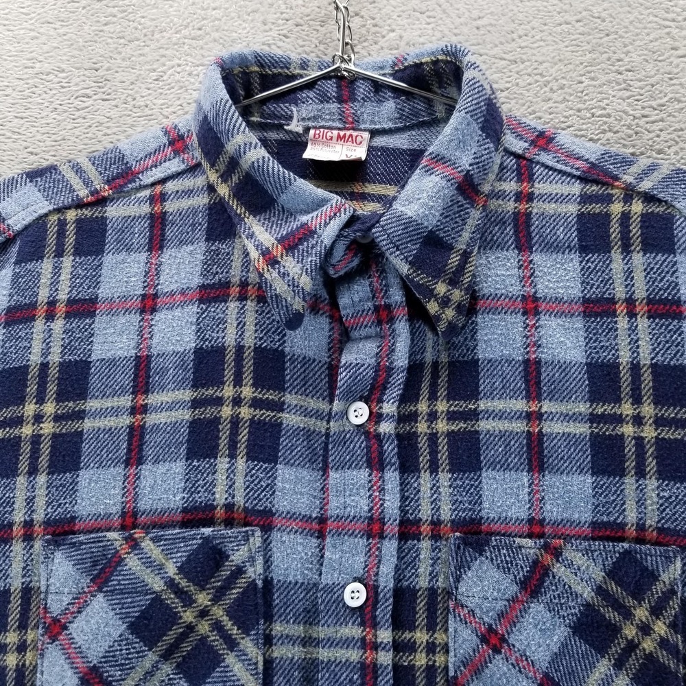 VTG Big Mac Shirt Mens XL Blue Plaid Flannel Button Long Sleeve JCPenney 70s